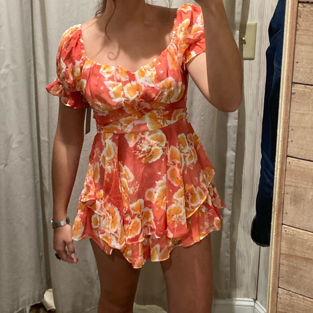 Floral Puff-Sleeve Women’s Romper - Coral Yellow Print